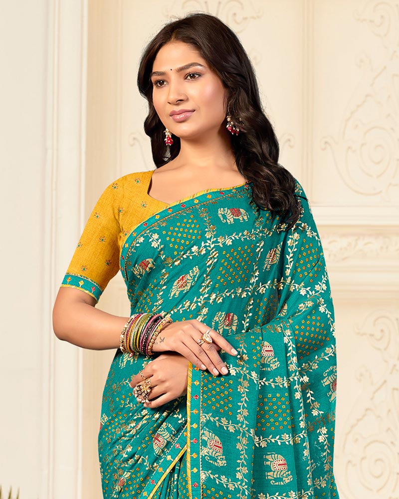 Vishal Prints Persian Green Printed Chiffon Bandhani Print Saree With Foil Print And Fancy Border