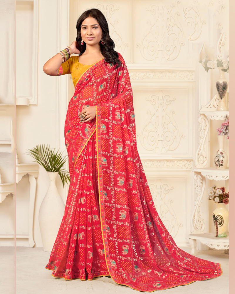 Vishal Prints Pinkish Red Printed Chiffon Bandhani Print Saree With Foil Print And Fancy Border
