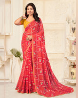 Vishal Prints Pinkish Red Printed Chiffon Bandhani Print Saree With Foil Print And Fancy Border