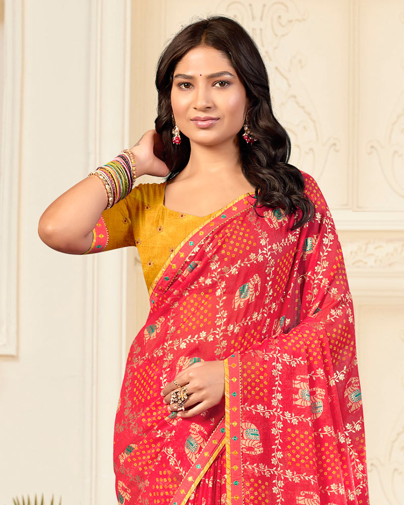 Vishal Prints Pinkish Red Printed Chiffon Bandhani Print Saree With Foil Print And Fancy Border