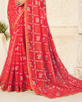 Vishal Prints Pinkish Red Printed Chiffon Bandhani Print Saree With Foil Print And Fancy Border