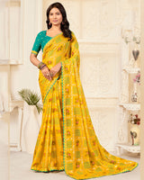 Vishal Prints Golden Yellow Printed Chiffon Bandhani Print Saree With Foil Print And Fancy Border