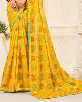 Vishal Prints Golden Yellow Printed Chiffon Bandhani Print Saree With Foil Print And Fancy Border