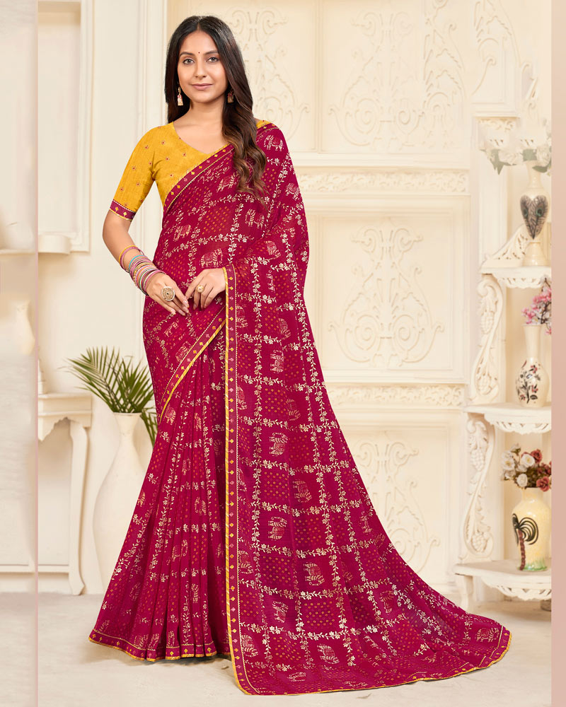 Vishal Prints Vivid Burgundy Printed Chiffon Bandhani Print Saree With Foil Print And Fancy Border