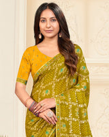 Vishal Prints Olive Yellow Printed Chiffon Bandhani Print Saree With Foil Print And Fancy Border