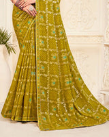 Vishal Prints Olive Yellow Printed Chiffon Bandhani Print Saree With Foil Print And Fancy Border
