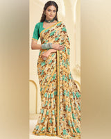 Vishal Prints Peach Orange Printed Georgette Saree With Fancy Border