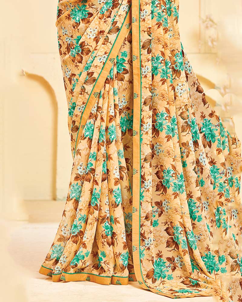 Vishal Prints Peach Orange Printed Georgette Saree With Fancy Border
