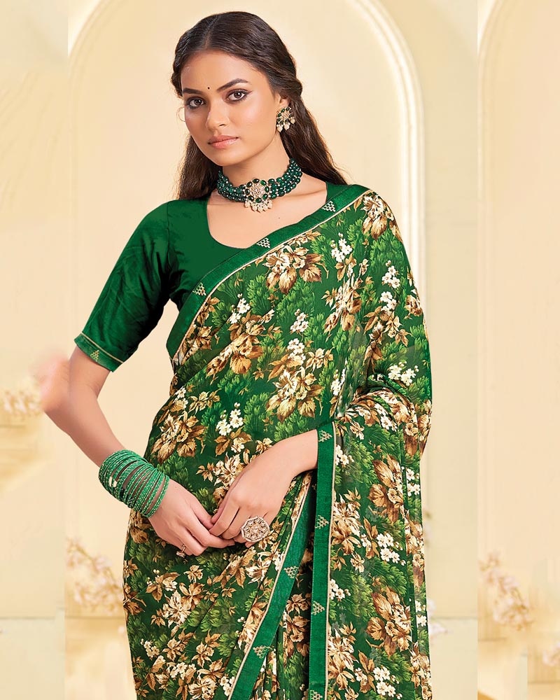 Vishal Prints Dark Green Printed Georgette Saree With Fancy Border