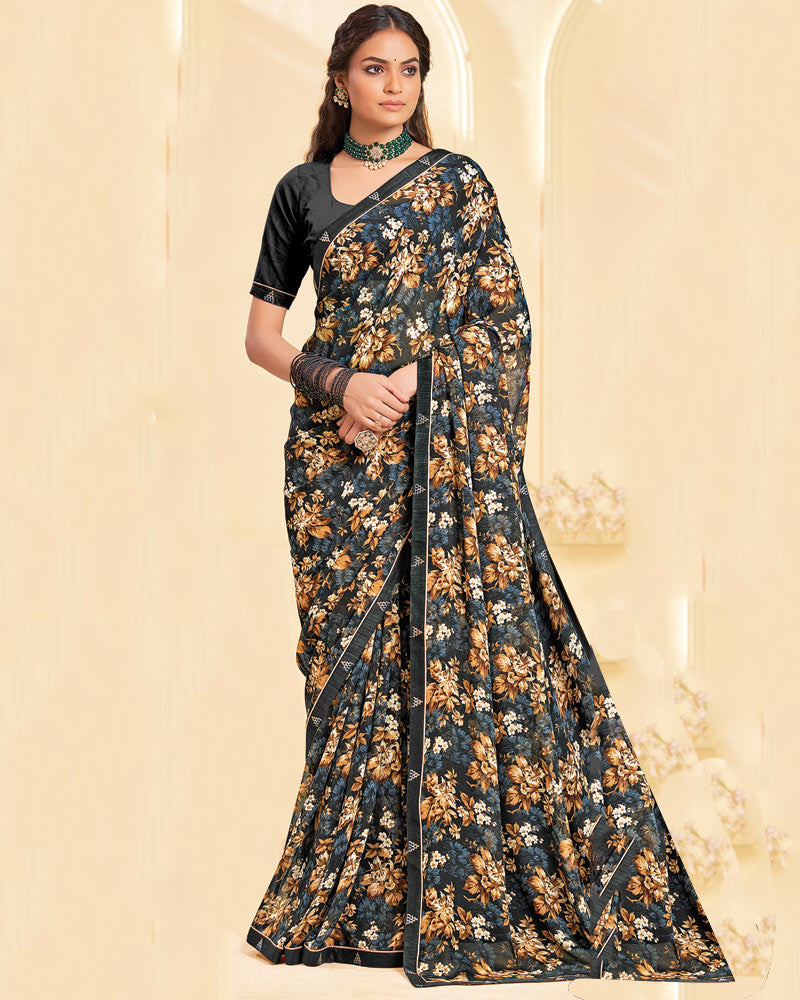 Vishal Prints Smokey Black Printed Georgette Saree With Fancy Border