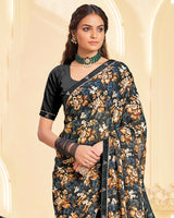 Vishal Prints Smokey Black Printed Georgette Saree With Fancy Border