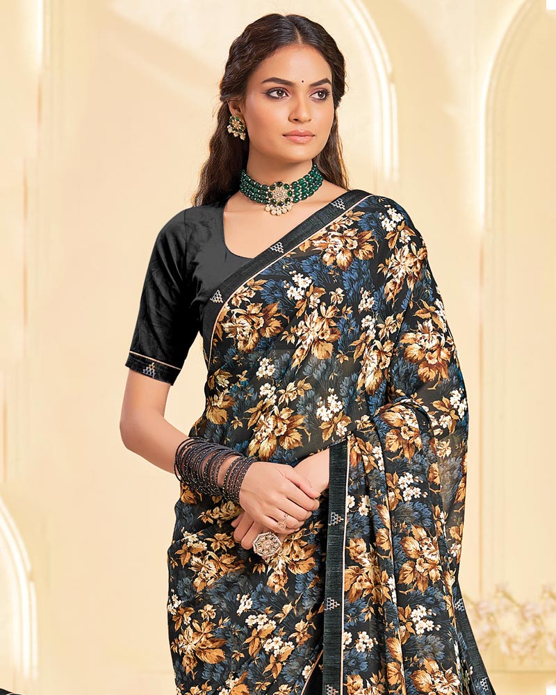 Vishal Prints Smokey Black Printed Georgette Saree With Fancy Border