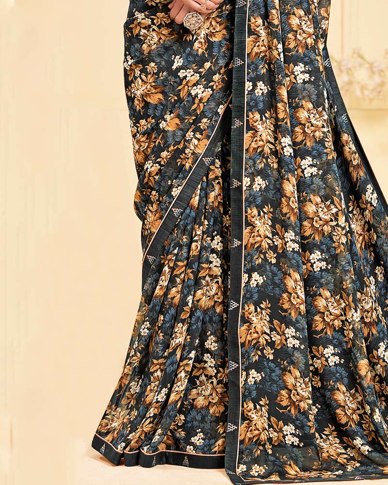 Vishal Prints Smokey Black Printed Georgette Saree With Fancy Border