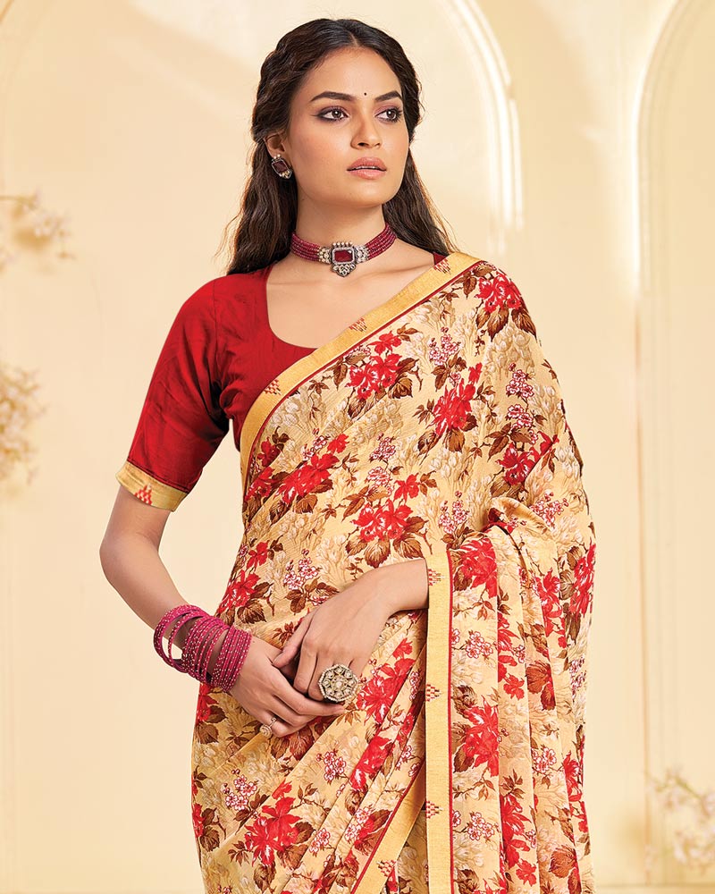 Vishal Prints Pastel Orange Printed Georgette Saree With Fancy Border
