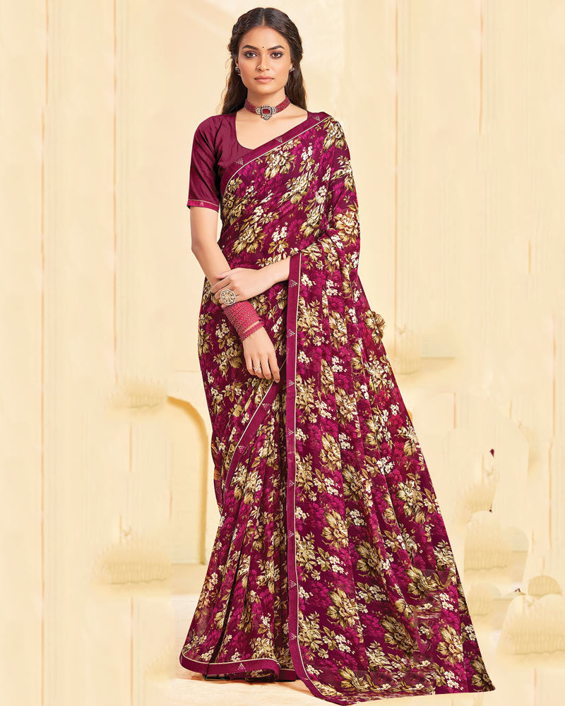 Vishal Prints Purple Red Printed Georgette Saree With Fancy Border