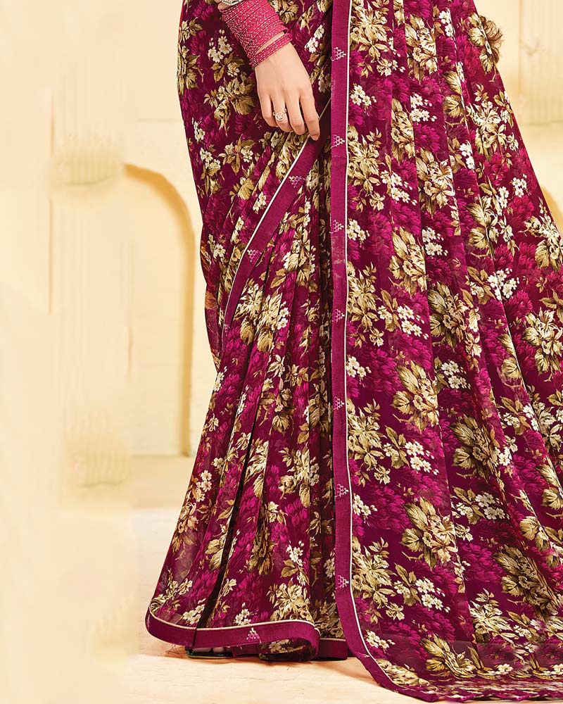Vishal Prints Purple Red Printed Georgette Saree With Fancy Border