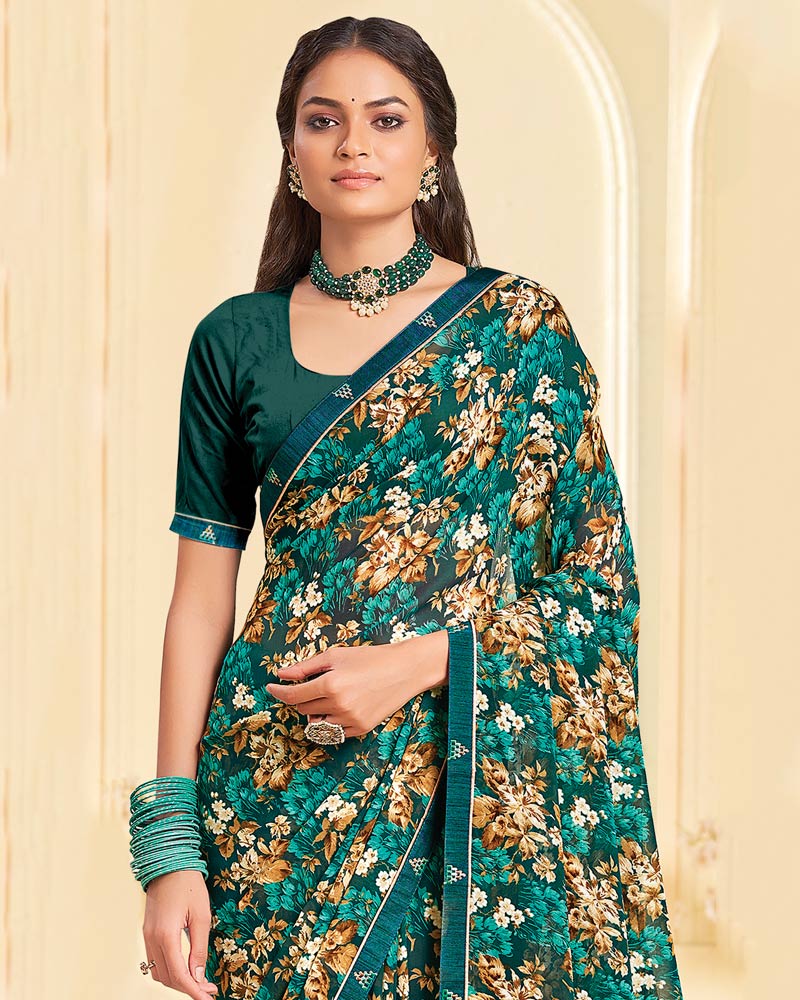 Vishal Prints Bottle Green Printed Georgette Saree With Fancy Border