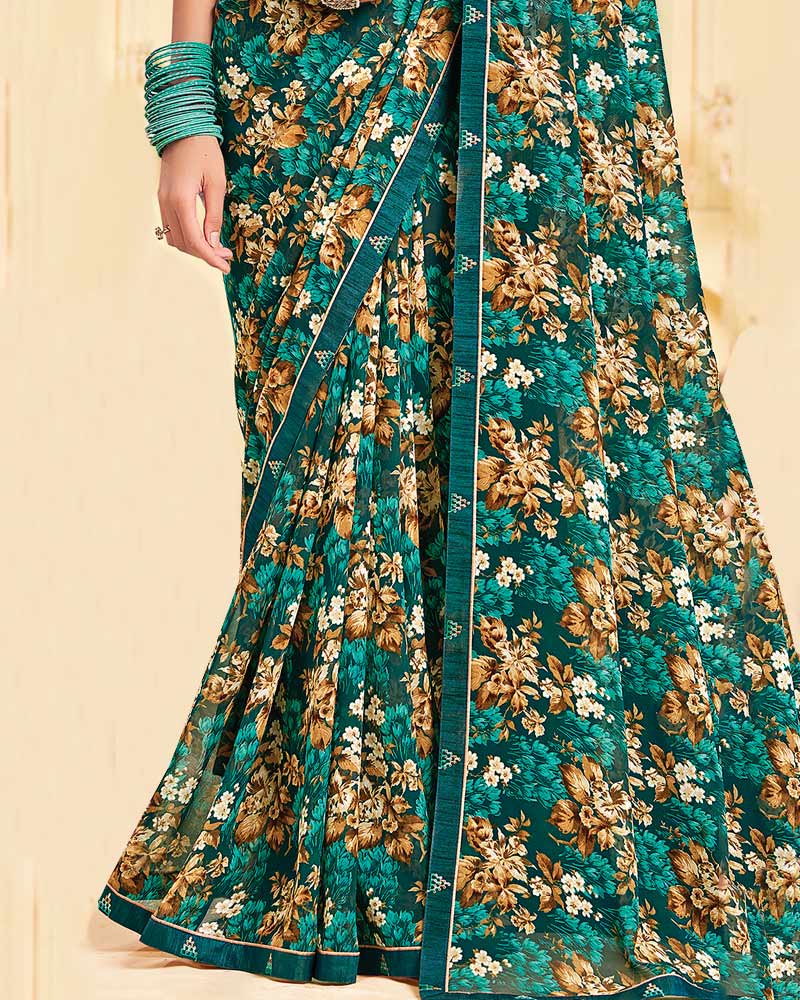 Vishal Prints Bottle Green Printed Georgette Saree With Fancy Border