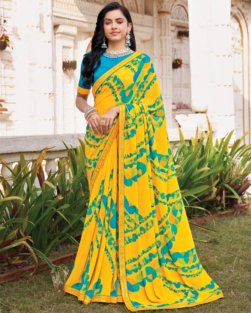 Vishal Prints Bright Yellow Printed Georgette Saree With Fancy Border