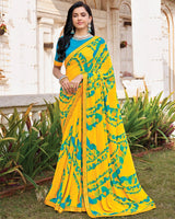 Vishal Prints Bright Yellow Printed Georgette Saree With Fancy Border