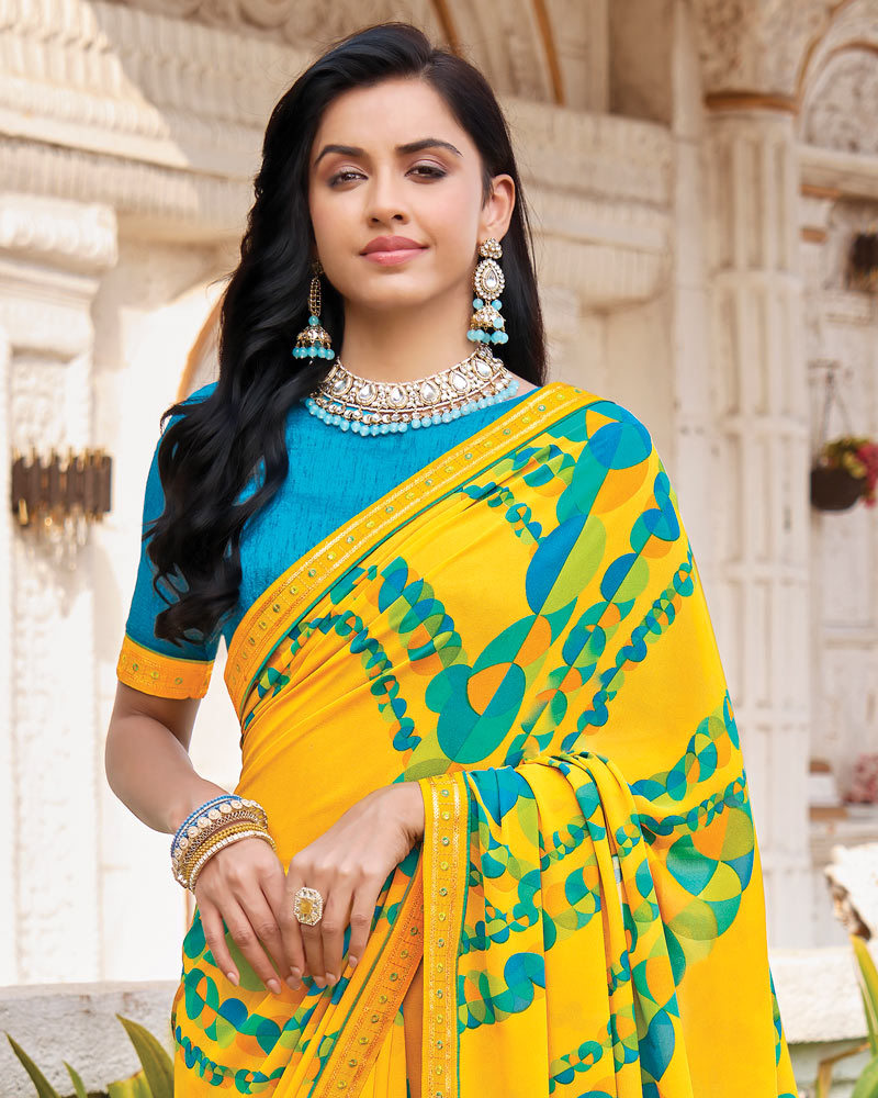 Vishal Prints Bright Yellow Printed Georgette Saree With Fancy Border