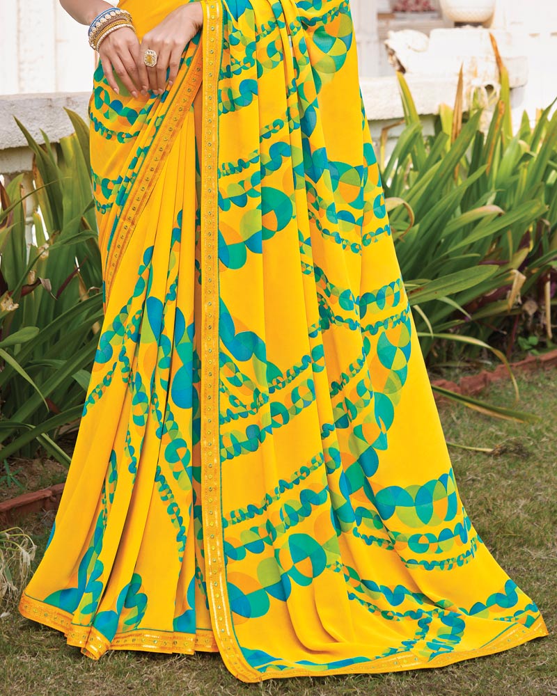 Vishal Prints Bright Yellow Printed Georgette Saree With Fancy Border