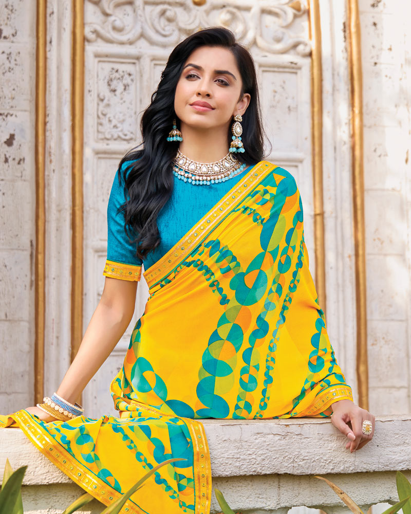 Vishal Prints Bright Yellow Printed Georgette Saree With Fancy Border