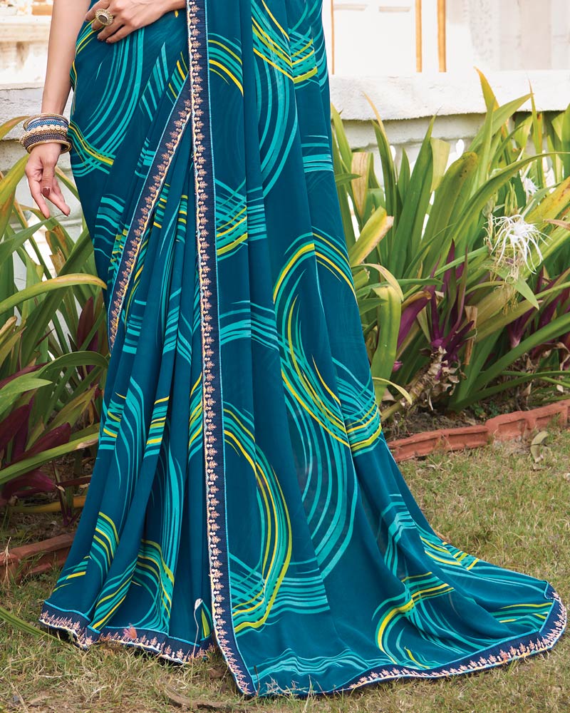 Vishal Prints Astronaut Blue Printed Georgette Saree With Fancy Border