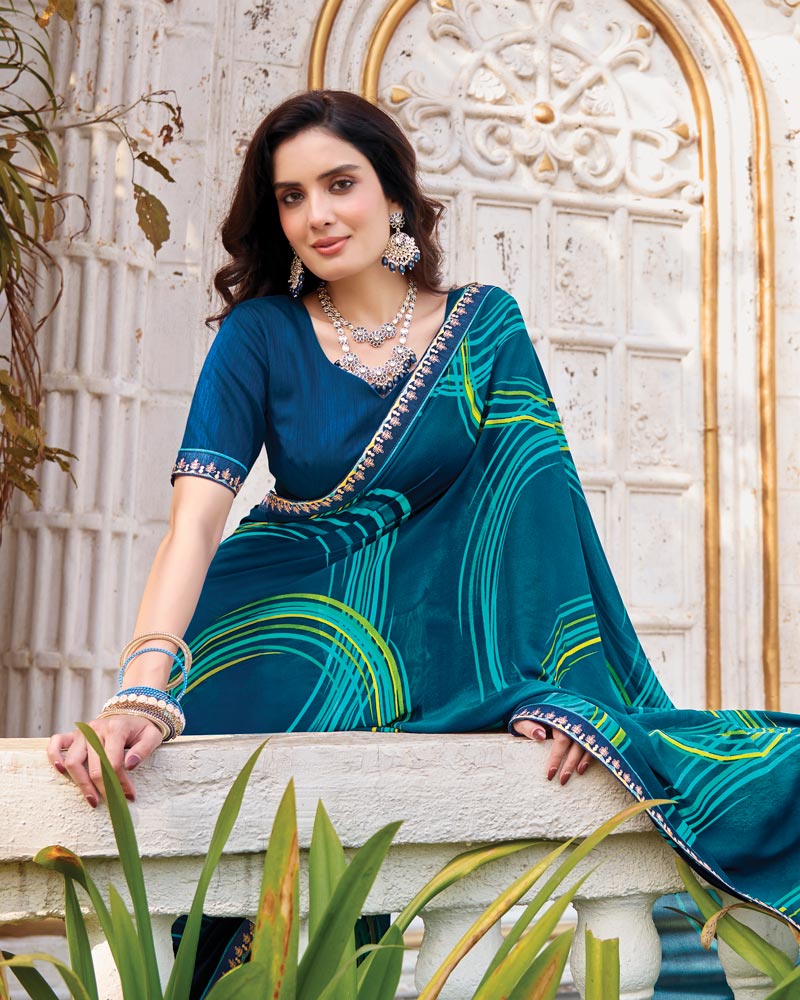 Vishal Prints Astronaut Blue Printed Georgette Saree With Fancy Border