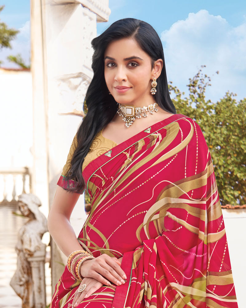 Vishal Prints Bright Maroon Printed Georgette Saree With Fancy Border