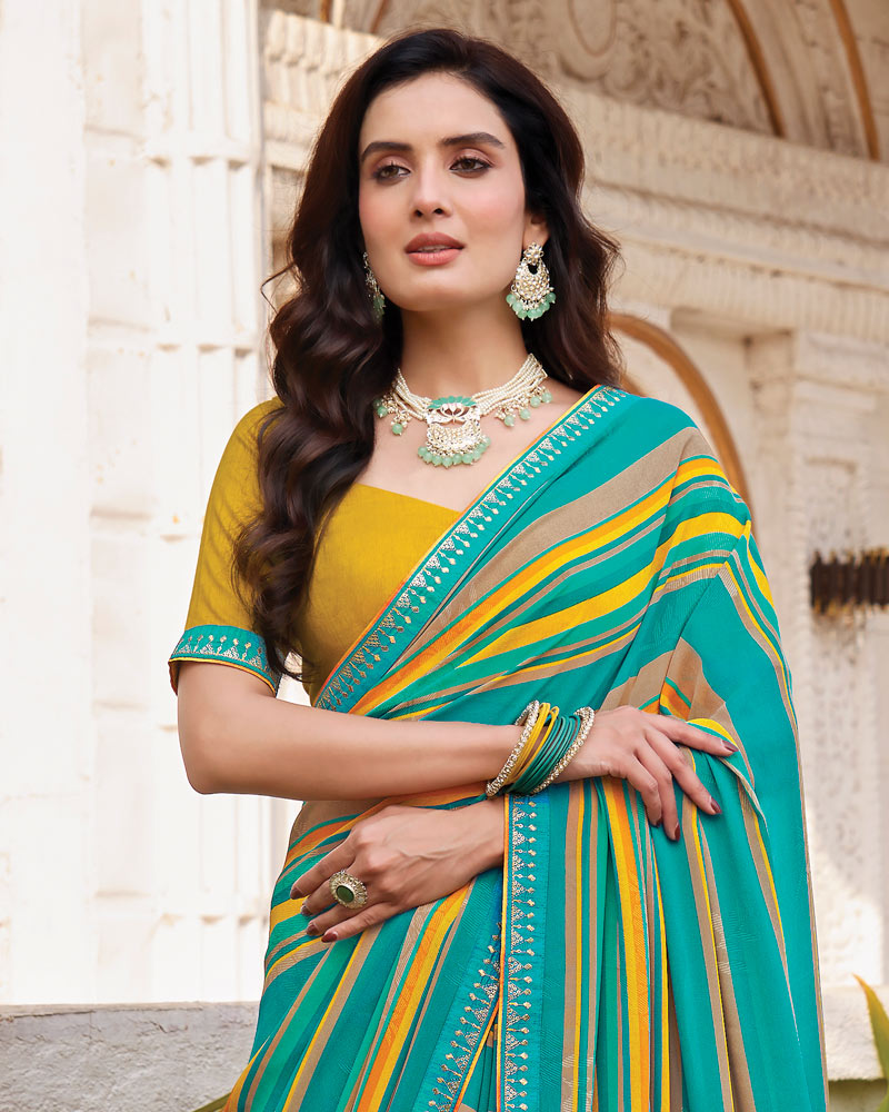 Vishal Prints Persian Green Printed Georgette Saree With Fancy Border