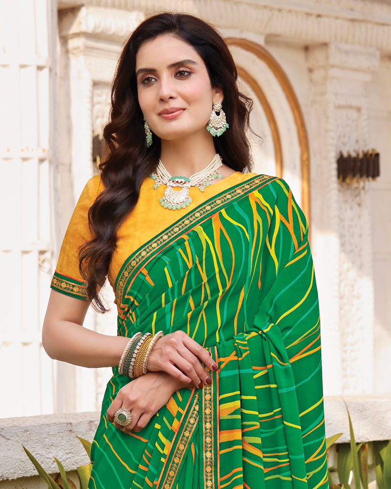 Vishal Prints Dark Spring Green Printed Georgette Saree With Fancy Border