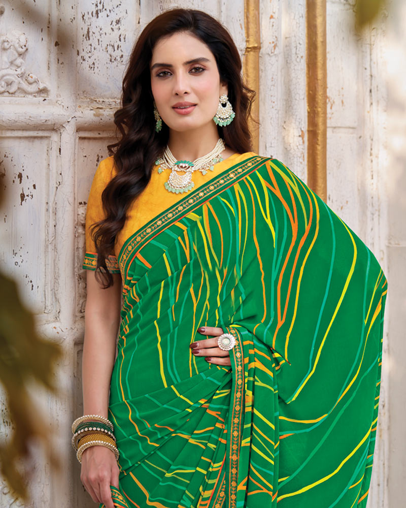 Vishal Prints Dark Spring Green Printed Georgette Saree With Fancy Border