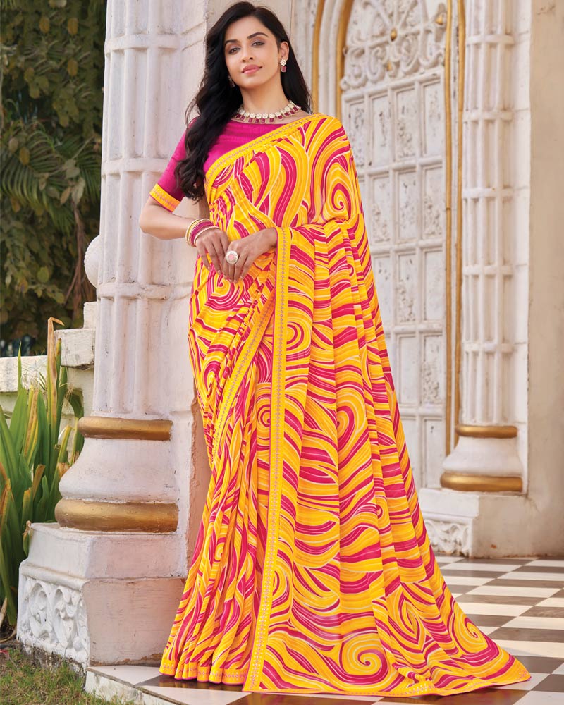 Vishal Prints Golden Yellow Printed Georgette Saree With Fancy Border