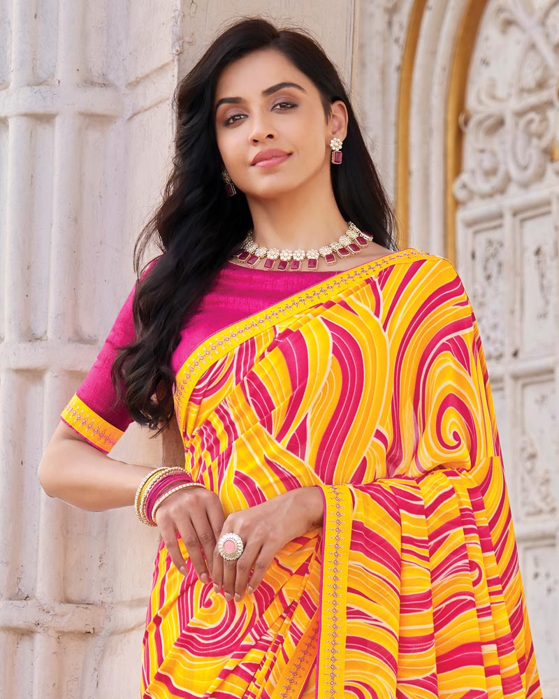Vishal Prints Golden Yellow Printed Georgette Saree With Fancy Border