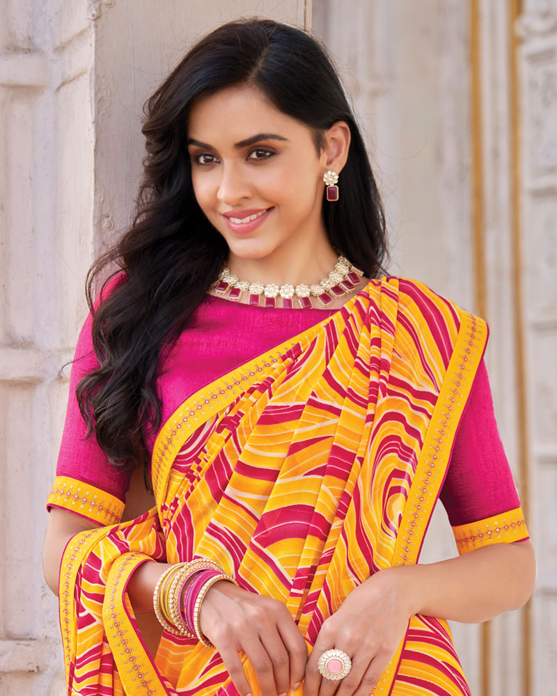 Vishal Prints Golden Yellow Printed Georgette Saree With Fancy Border