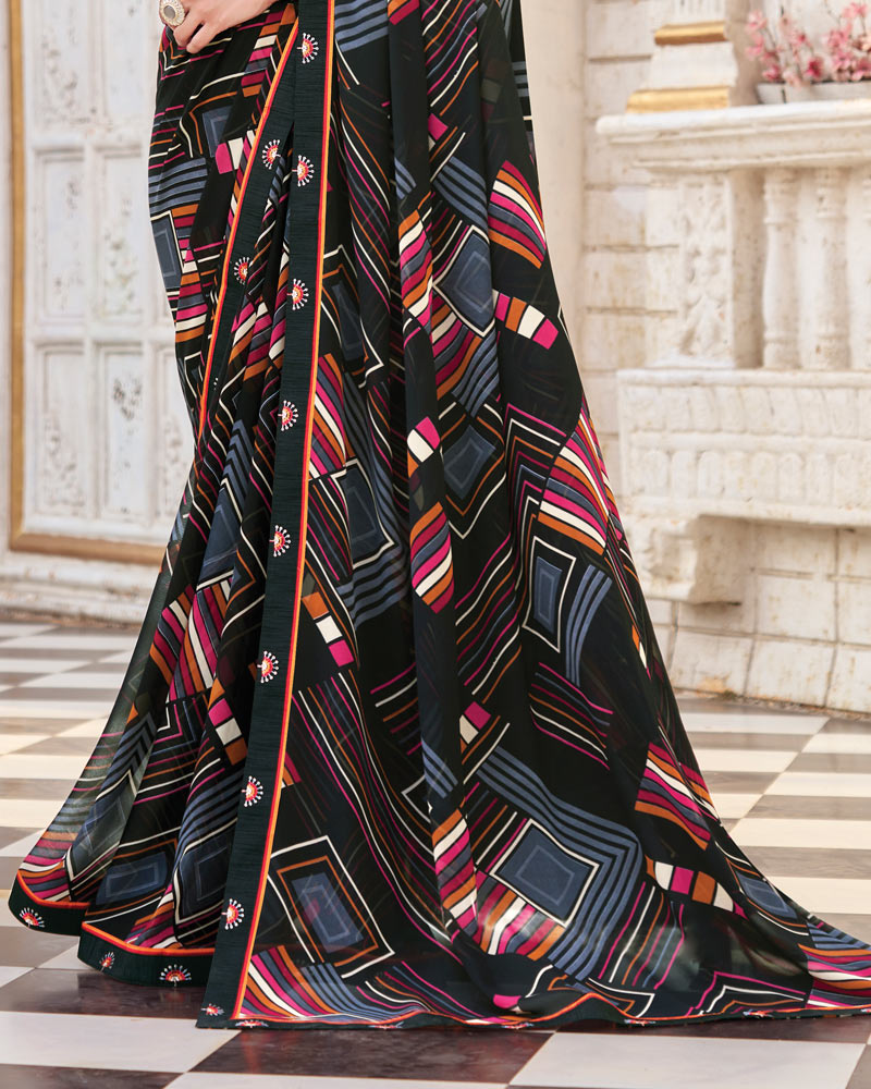 Vishal Prints Jet Black Printed Georgette Saree With Fancy Border