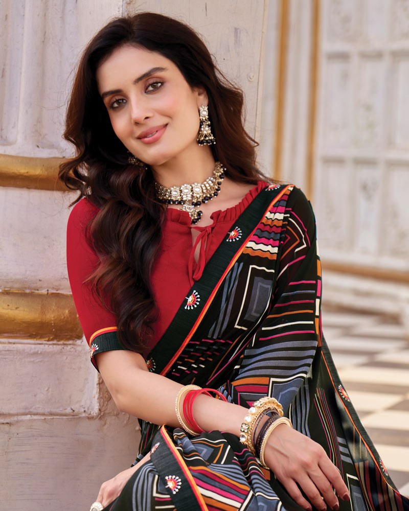 Vishal Prints Jet Black Printed Georgette Saree With Fancy Border