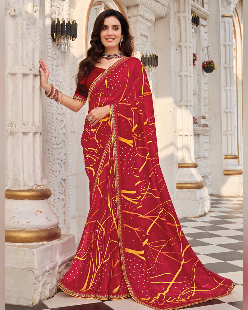 Vishal Prints Red Maroon Printed Georgette Saree With Fancy Border