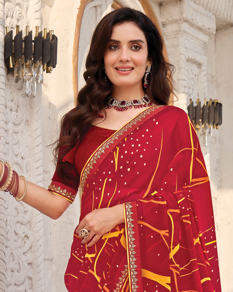 Vishal Prints Red Maroon Printed Georgette Saree With Fancy Border