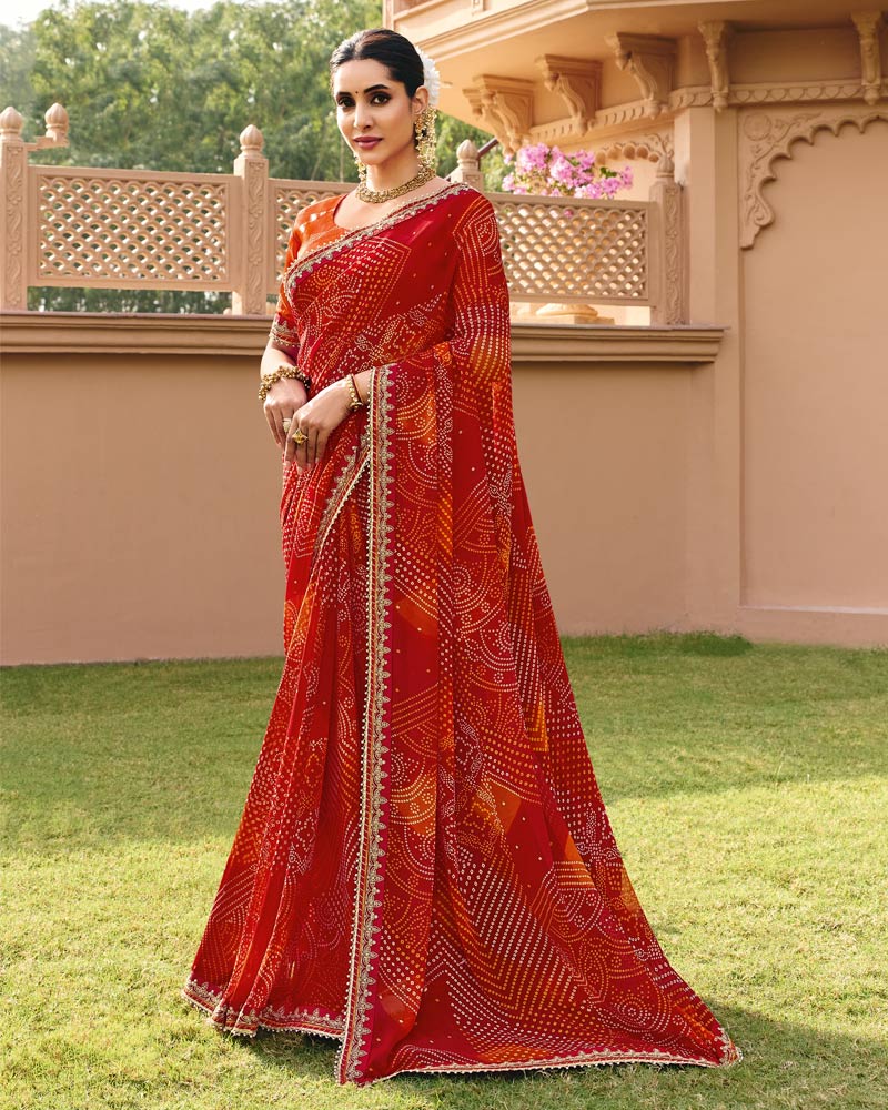 Vishal Prints Kumkum Red Traditional Print Georgette Saree With Fancy Gota Patti Border