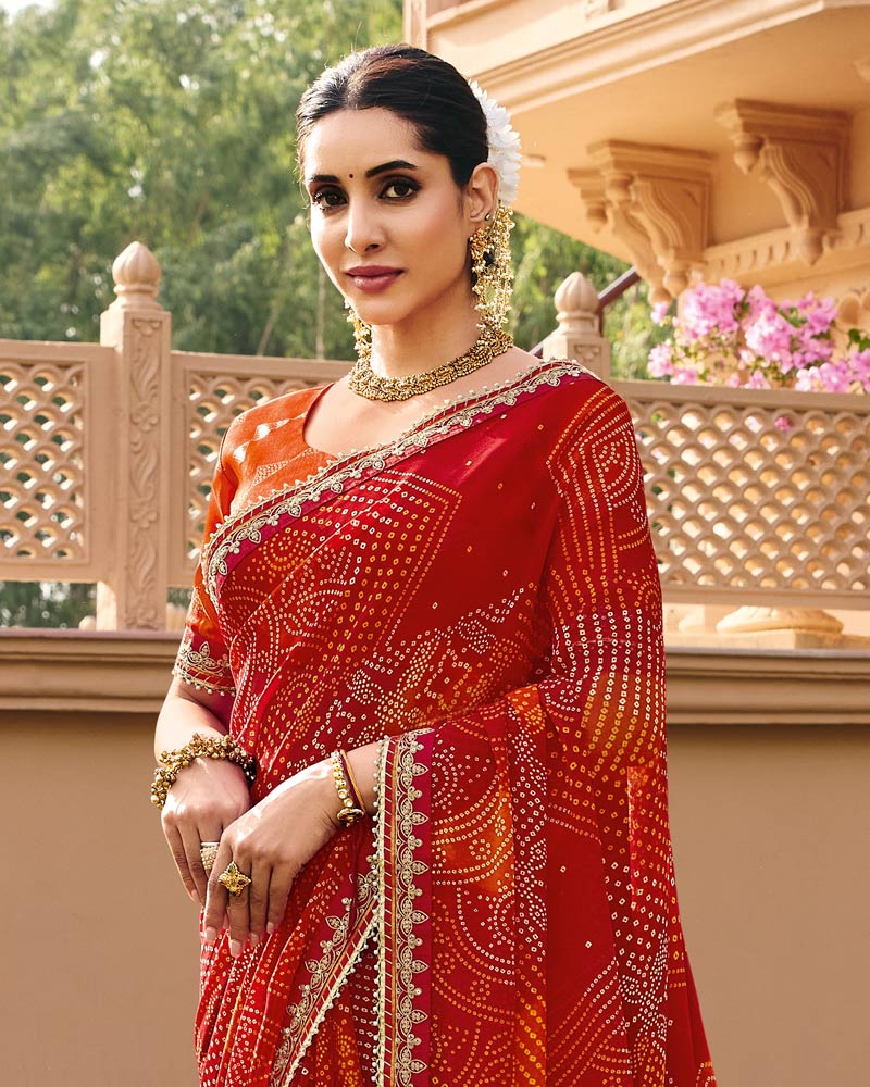 Vishal Prints Kumkum Red Traditional Print Georgette Saree With Fancy Gota Patti Border