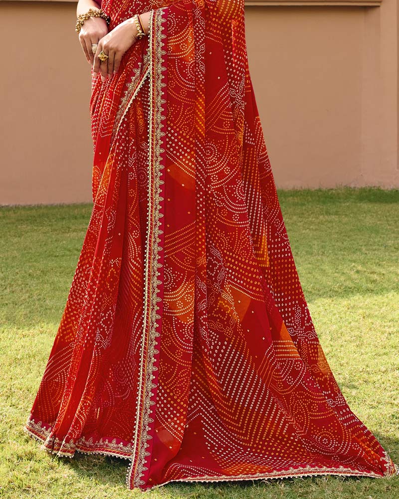 Vishal Prints Kumkum Red Traditional Print Georgette Saree With Fancy Gota Patti Border
