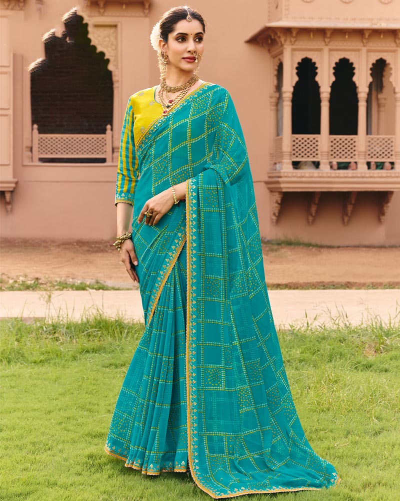 Vishal Prints Neelambari Blue Traditional Print Georgette Saree With Fancy Gota Patti Border