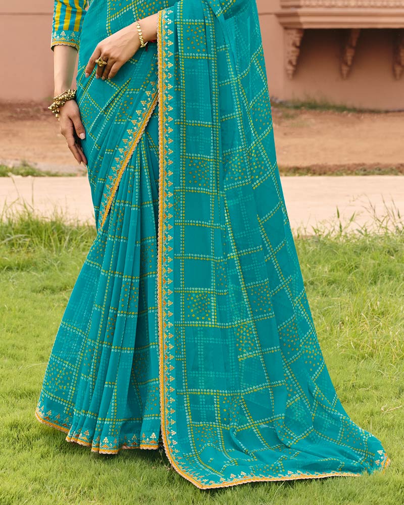 Vishal Prints Neelambari Blue Traditional Print Georgette Saree With Fancy Gota Patti Border