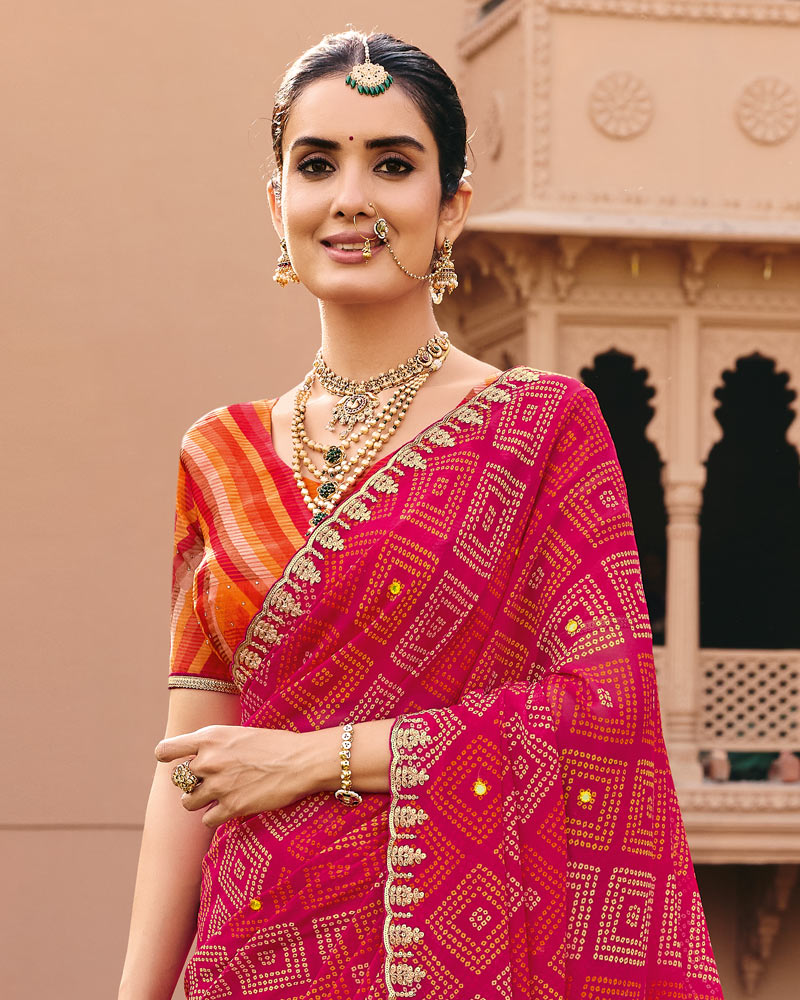 Vishal Prints Gulabi Rani Traditional Print Georgette Saree With Fancy Cut Work Embroidery Border