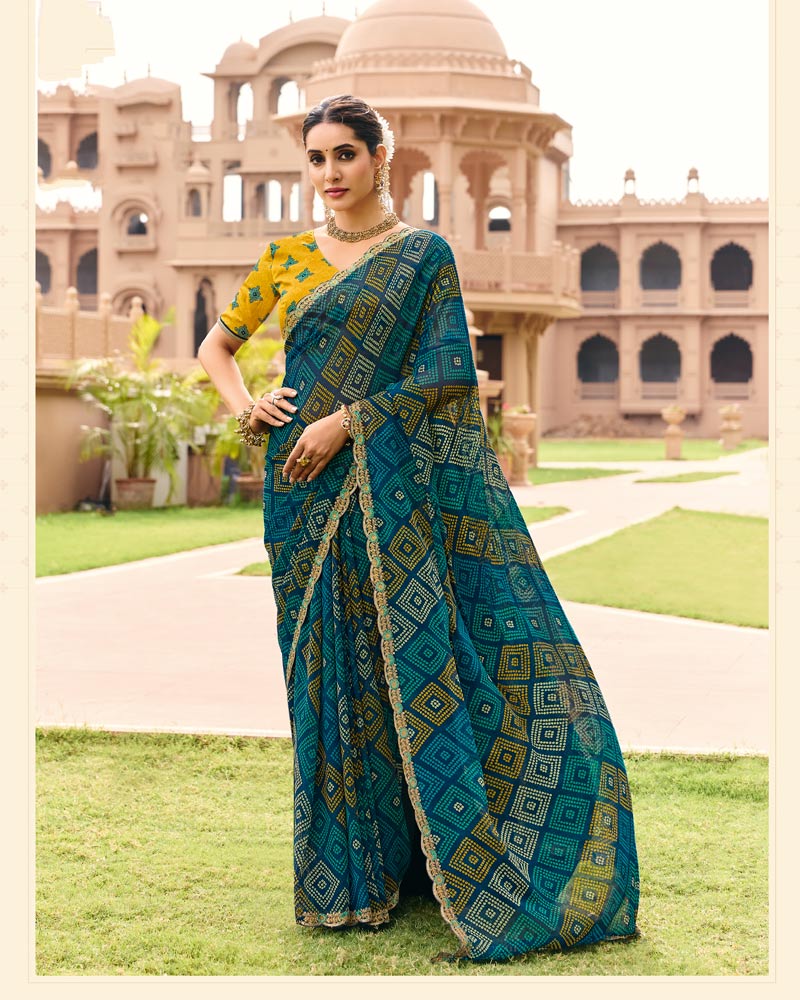 Vishal Prints Peacock Blue Traditional Print Georgette Saree With Fancy Cut Work Embroidery Border