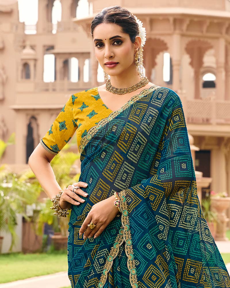 Vishal Prints Peacock Blue Traditional Print Georgette Saree With Fancy Cut Work Embroidery Border
