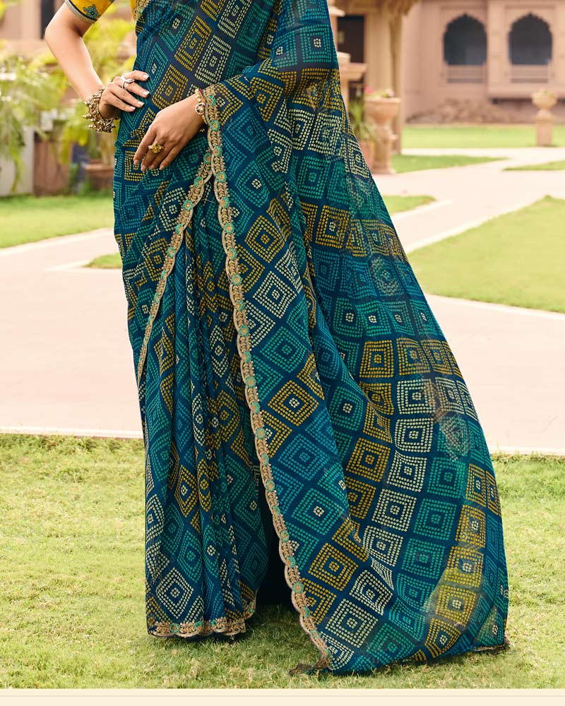 Vishal Prints Peacock Blue Traditional Print Georgette Saree With Fancy Cut Work Embroidery Border