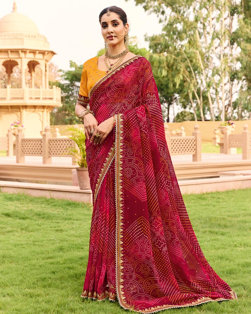 Vishal Prints Maroon Traditional Print Georgette Saree With Fancy Gota Patti Border